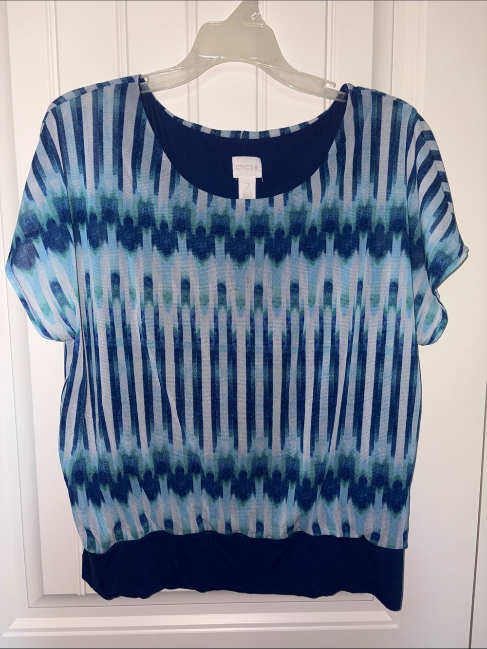 Chicos Blue and Teal Striped Short Sleeve Blouse